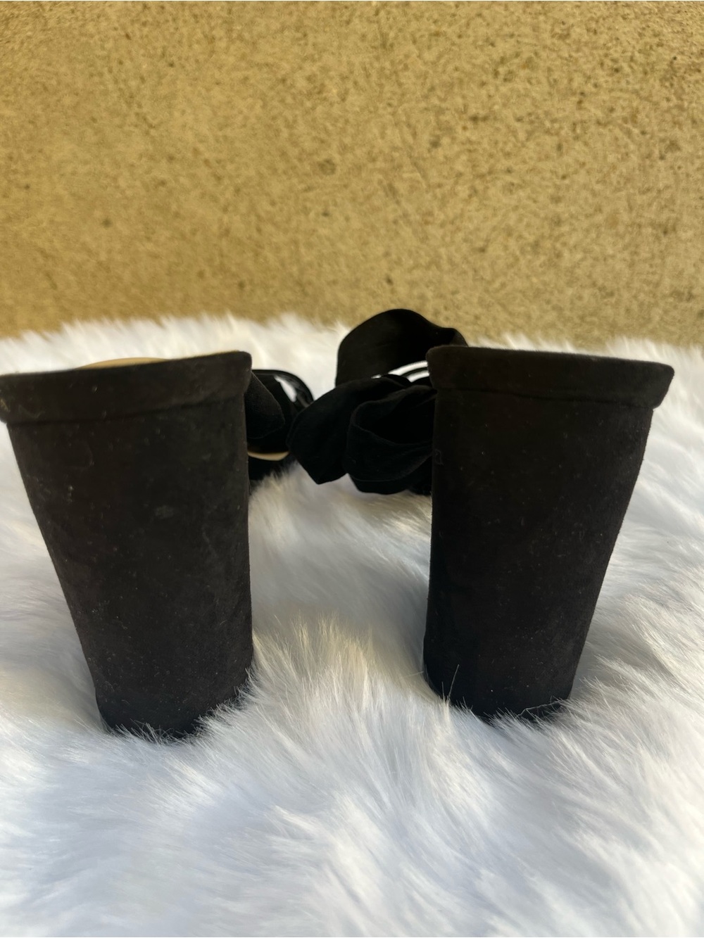 Fashion Nova Black Suede Block Heel Sandals with Bow Detail